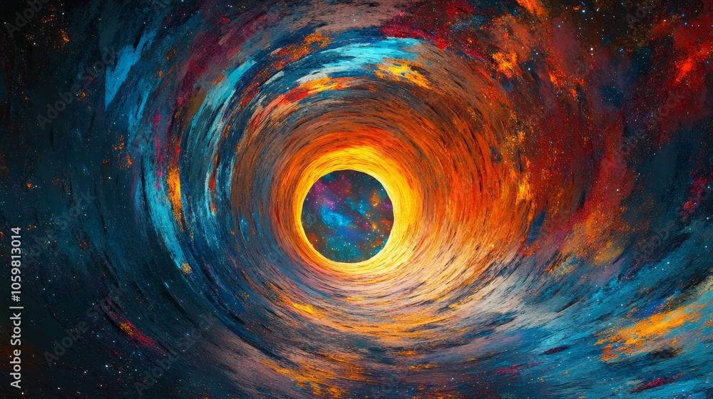 Poster traveling through the center of a colorful galaxy wormhole, an abstract representation of a sci-fi a