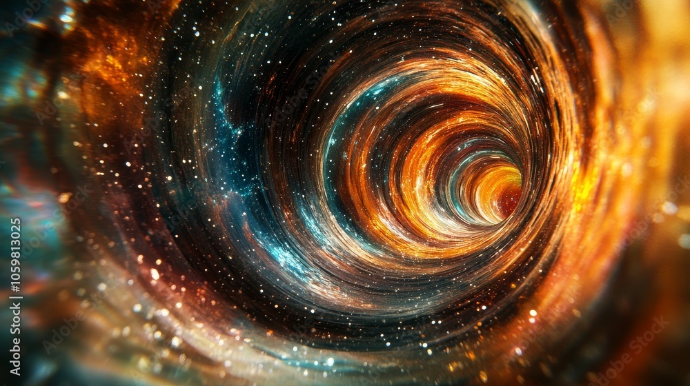 Poster traveling through the center of a colorful galaxy wormhole, an abstract representation of a sci-fi a