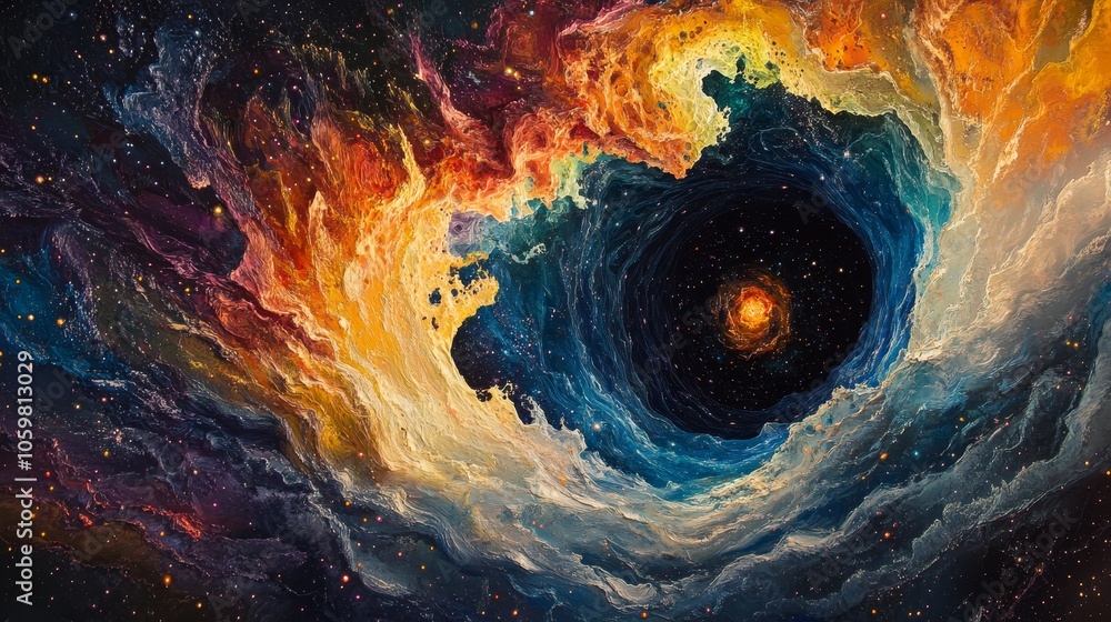 Poster traveling through the center of a colorful galaxy wormhole, an abstract representation of a sci-fi a