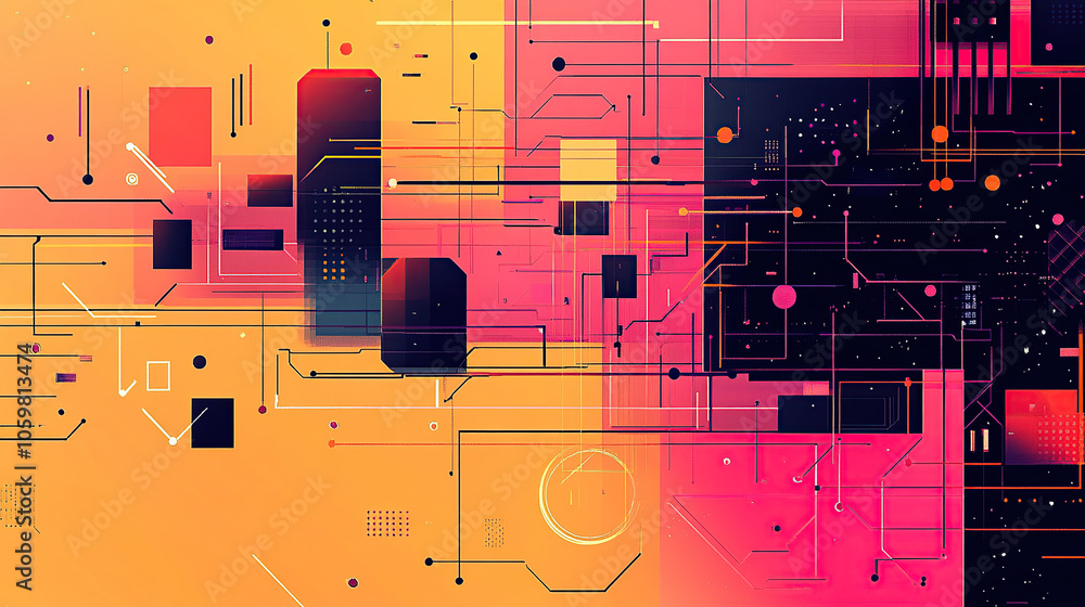 Poster abstract digital background vector illustration with gradient colors, geometric shapes, and circuit 