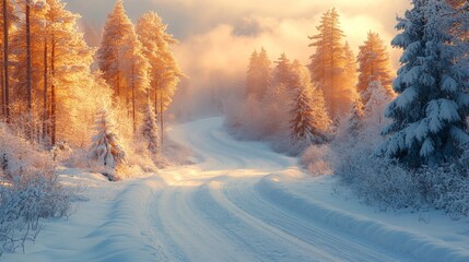 Obraz premium A winding road blanketed in fresh snow leads through a winter wonderland. Golden sunlight filters through frosted trees, creating a tranquil atmosphere at dawn.