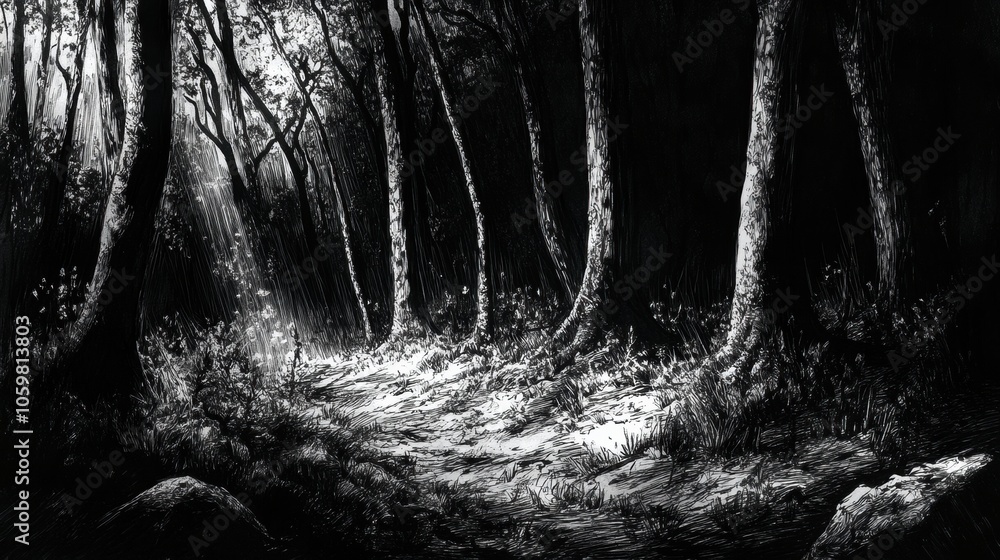 Aufkleber The artwork captures a dense forest with intricate tree details and shadows, illuminated by soft light filtering through the canopy. Generative AI