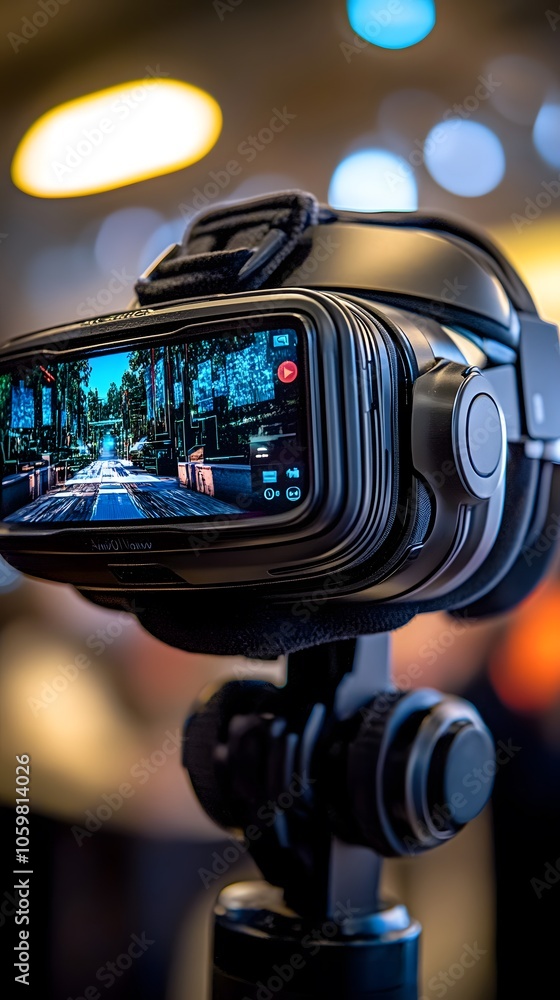 Poster a camera setup on a tripod, displaying a vibrant gaming scene on its screen.