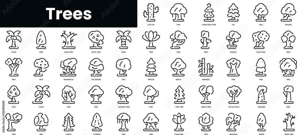 Poster set of outline trees icons. minimalist thin linear web icon set. vector illustration.