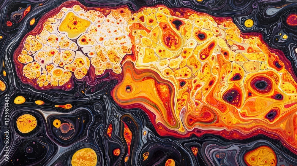 Poster vibrant abstract landscape with flowing patterns in fiery colors and textures