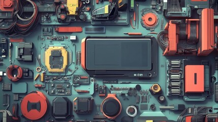 Fototapeta premium Colorful Tech Components on a Desk Surface