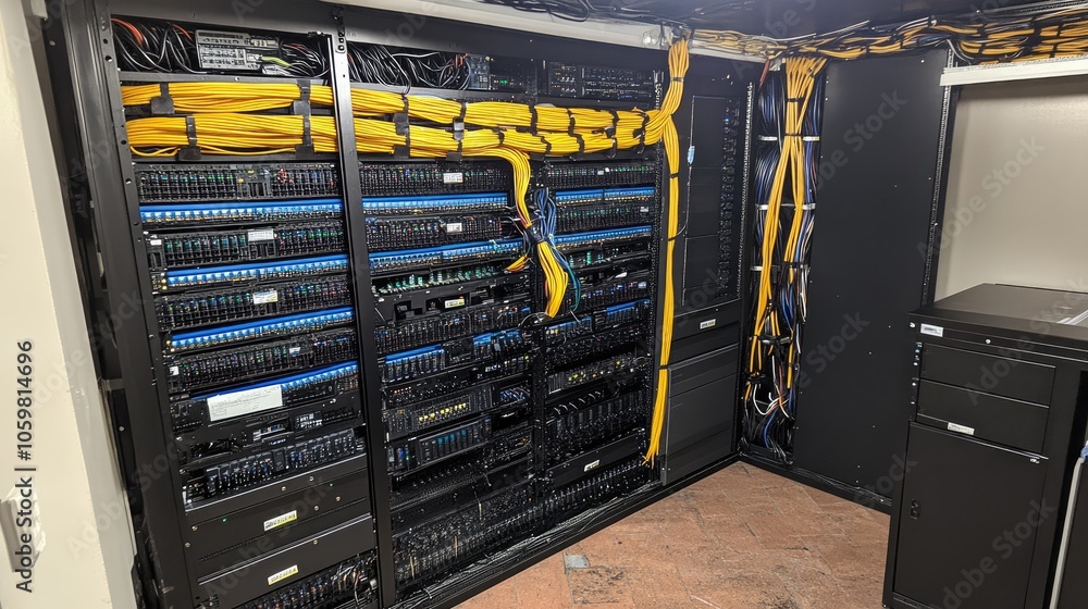 Poster data center with cables and networking equipment