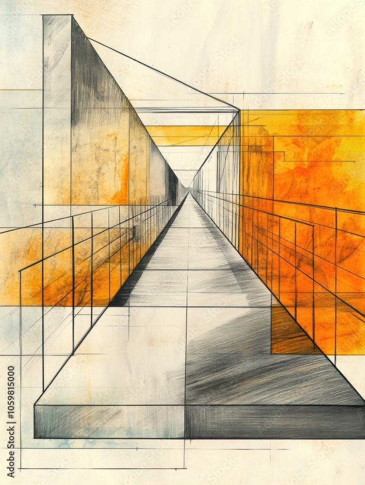 Poster an abstract representation of a bridge features sharp lines and warm colors, creating a unique persp