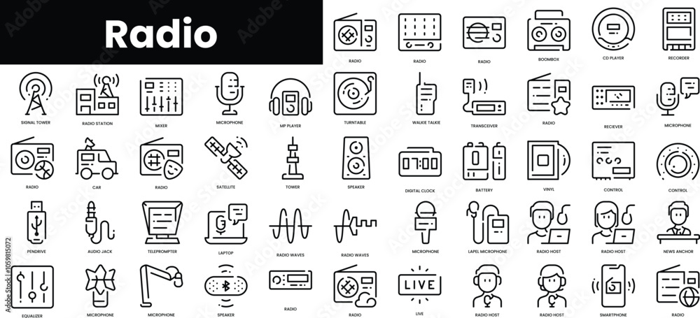 Poster set of outline radio icons. minimalist thin linear web icon set. vector illustration.