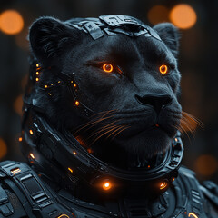 A black panther-like creature wearing futuristic, dark gray armor. Orange lights are on the armor and eyes.

