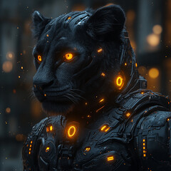 A black panther-like creature wearing futuristic, dark gray armor. Orange lights are on the armor and eyes.

