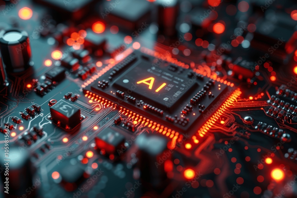 Poster AI illuminated processor on circuitry chip with blue and red lighting high-tech