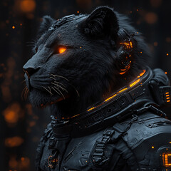A black panther-like creature wearing futuristic, dark gray armor. Orange lights are on the armor and eyes.

