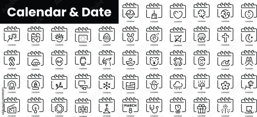 Poster set of outline calendar and date icons. minimalist thin linear web icon set. vector illustration.
