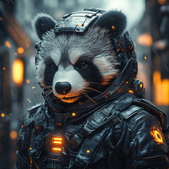 A raccoon wearing a futuristic space suit. Bokeh lights are in the background.


