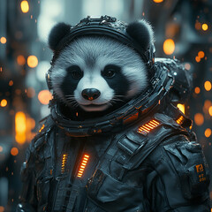 A raccoon wearing a futuristic space suit. Bokeh lights are in the background.

