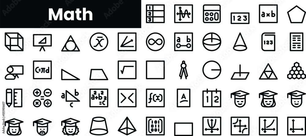 Poster set of outline math icons. minimalist thin linear web icon set. vector illustration.