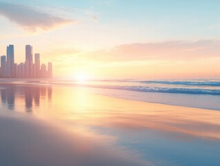 Stunning Sunset Reflection Over Tranquil Beach with Urban Skyline in Background