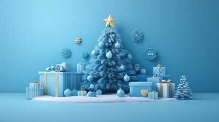 The composition in a soft blue tone showcases the arrangement of a Christmas tree and e-commerce icons, including star ratings, wish list hearts, gift boxes, shopping carts, and magnifying glasses.