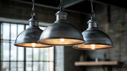 A close-up of three industrial pendant lights glowing softly in a shadowy room, highlighting the beauty of vintage design