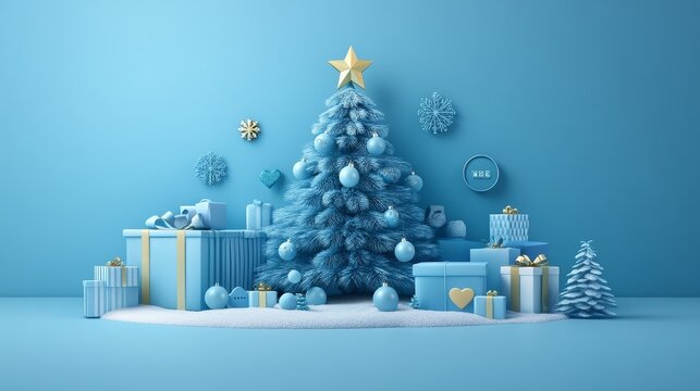 The composition in a soft blue tone showcases the arrangement of a Christmas tree and e-commerce icons, including star ratings, wish list hearts, gift boxes, shopping carts, and magnifying glasses.