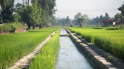 Obraz premium Aerial view of a lush green rice paddy field with irrigation canal in rural countryside