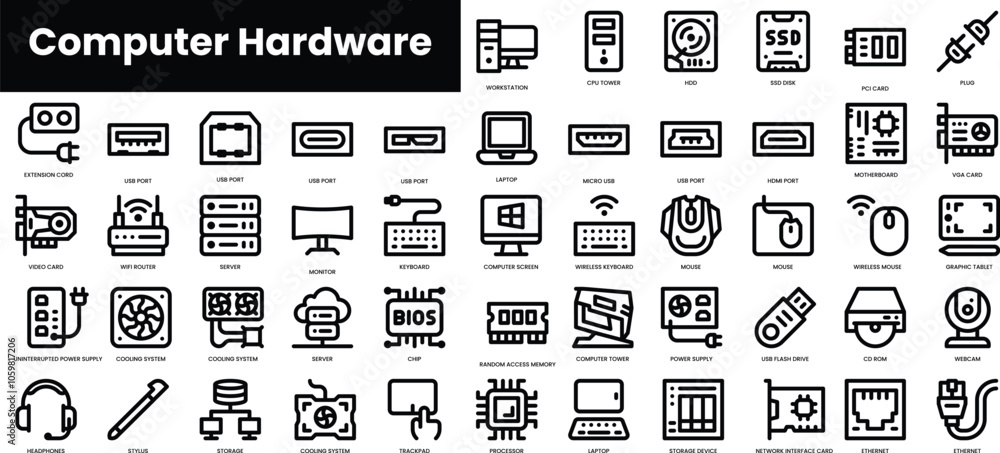 Poster set of outline computer hardware icons. minimalist thin linear web icon set. vector illustration.