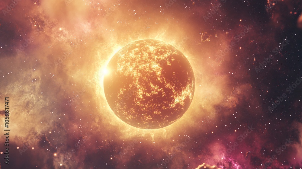 Poster a close-up view of a bright, fiery sun in a dark space with a swirling nebula behind it.
