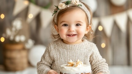 Joyful Toddler with Birthday Cake in Photoshoot Setting