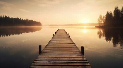 Fototapeta premium Serene Lake at Sunrise Over Wooden Dock