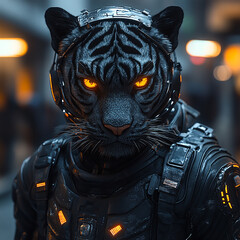 A white tiger with orange eyes, wearing dark futuristic armor, in a city setting.

