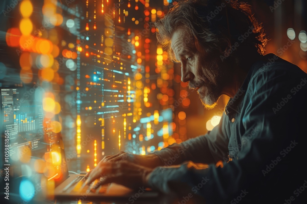 Poster businessman analyzing data using digital marketing technology for online advertisements with visuali