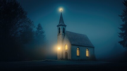 Fototapeta premium A mysterious old church illuminated by soft moonlight, surrounded by dense fog on a dark, eerie night.