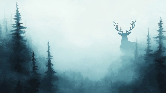 Misty Forest Deer Silhouette Painting