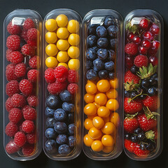 Three rows of clear capsules. Each capsule contains different colorful fruits, including peaches, strawberries, raspberries, blueberries, lemons, and cherries.

