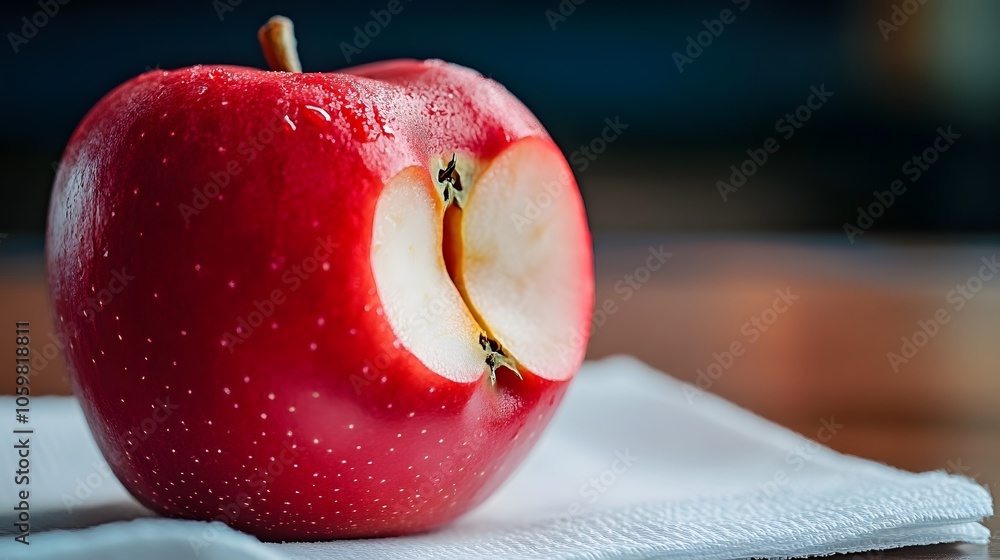 Poster a red apple with a slice removed, resting on a napkin.