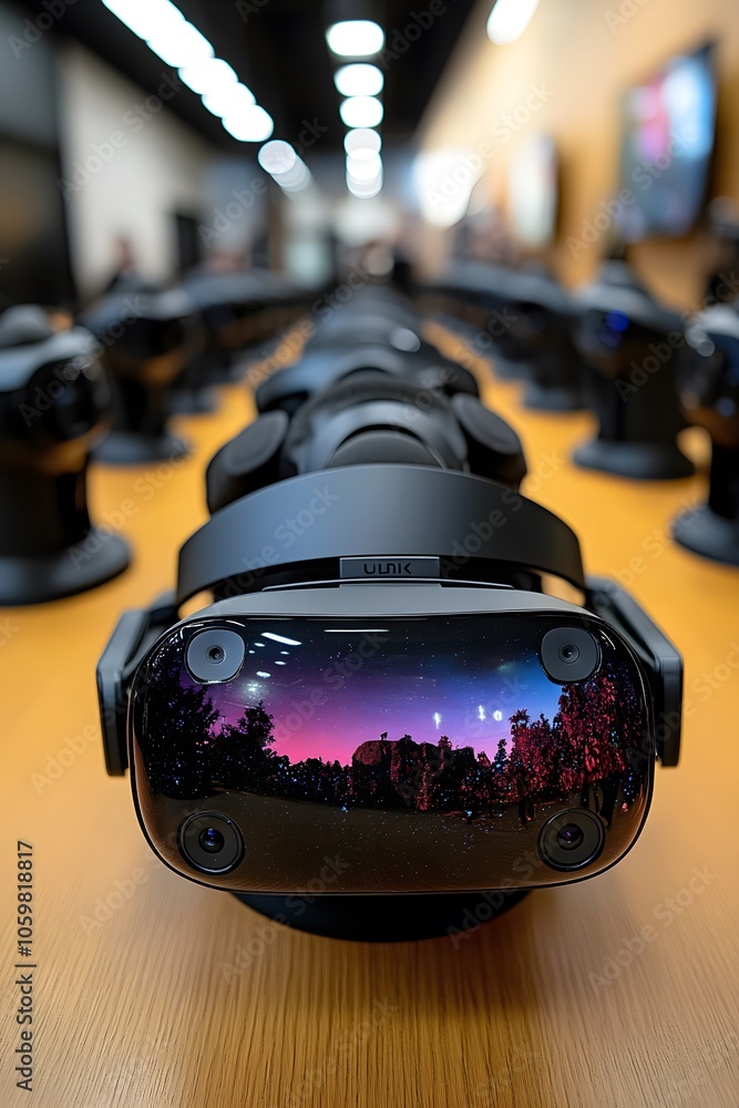 Poster a row of virtual reality headsets displayed on a table, showcasing immersive technology.