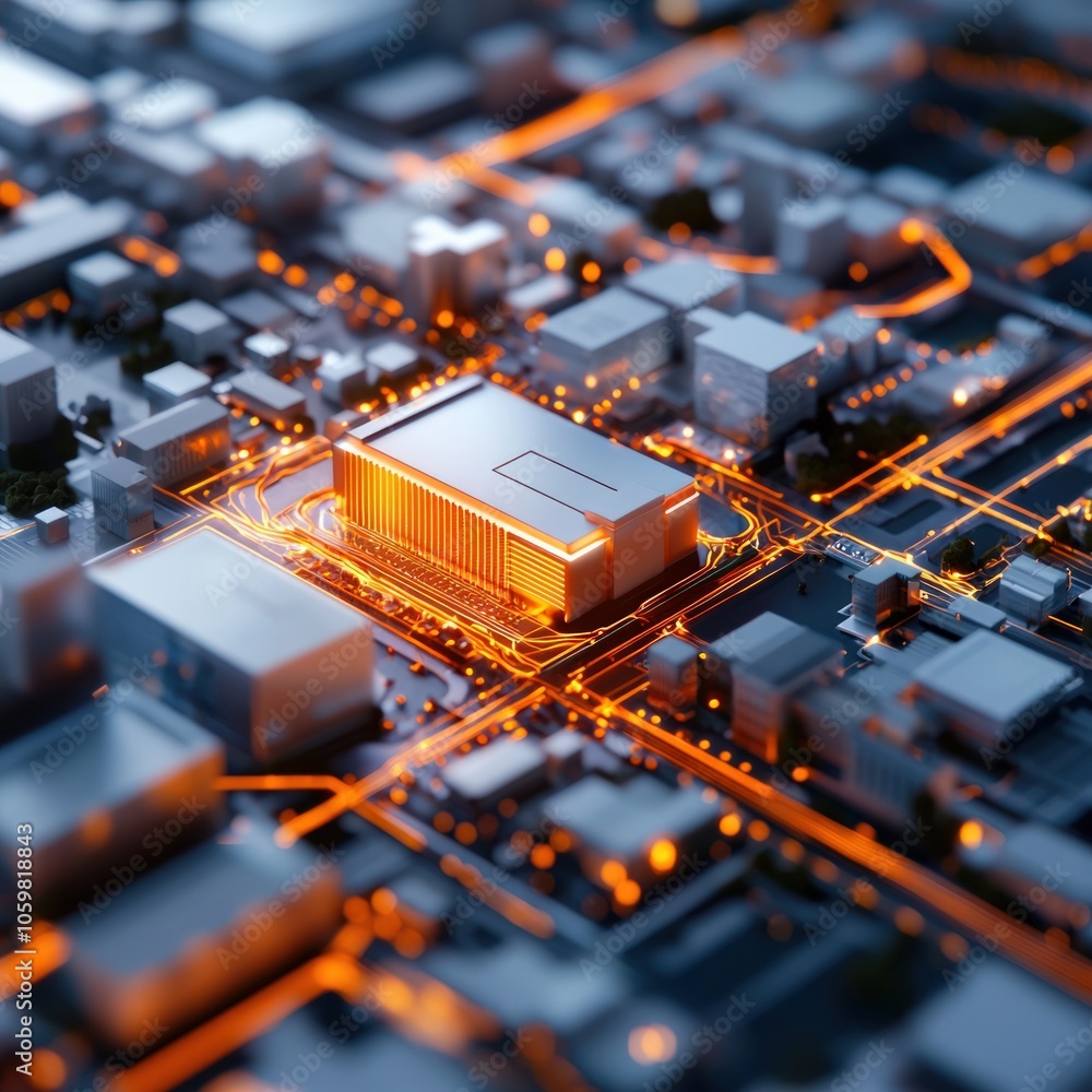 Poster futuristic urban landscape with dynamic traffic flow and illuminated structures