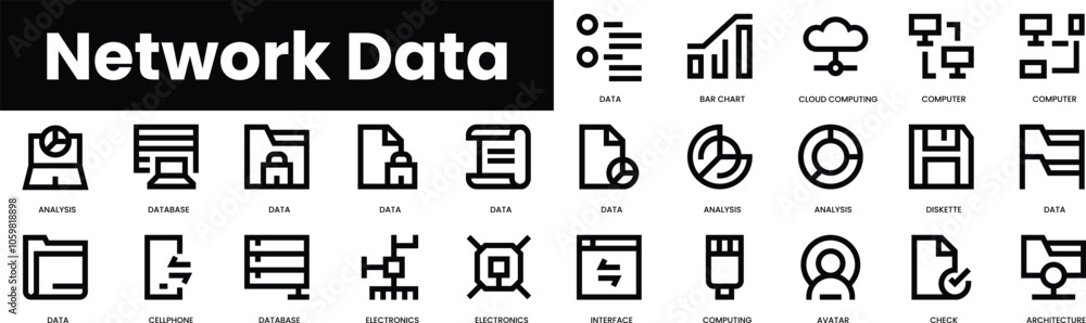 Poster set of outline network data icons. minimalist thin linear web icon set. vector illustration.