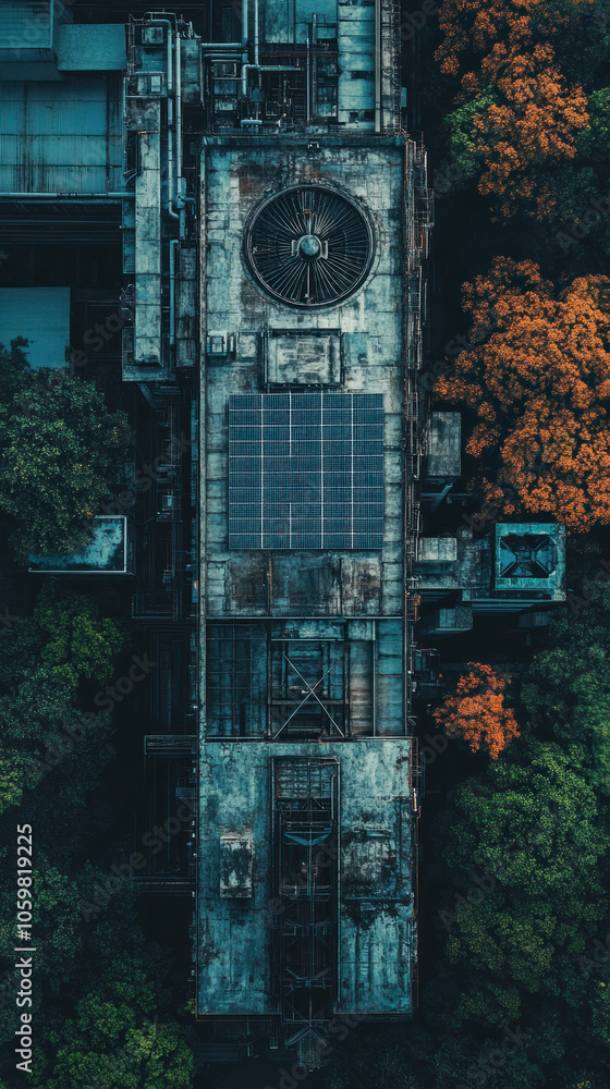 Poster a large building with a clock on top and a green roof. the building is surrounded by trees and has a