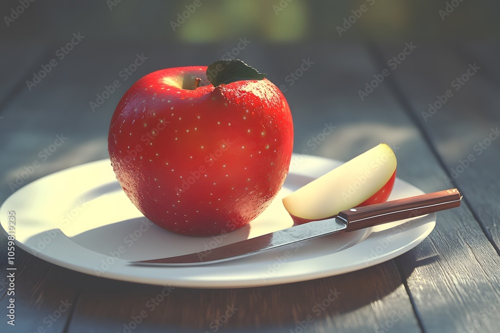 Poster a shiny red apple on a plate with a slice and a knife, showcasing freshness and simplicity.