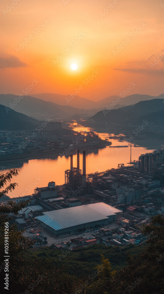 Poster a city skyline with a river running through it and a large building in the foreground. the sun is se