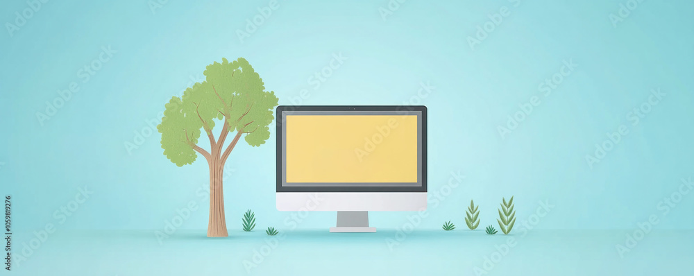 Poster a computer monitor is shown with a tree in the background. concept of technology and nature coexisti