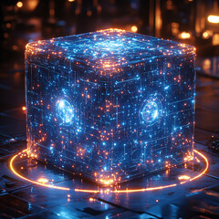 A glowing, blue-and-orange cube, like a futuristic technological object, sits on dark rocks.

