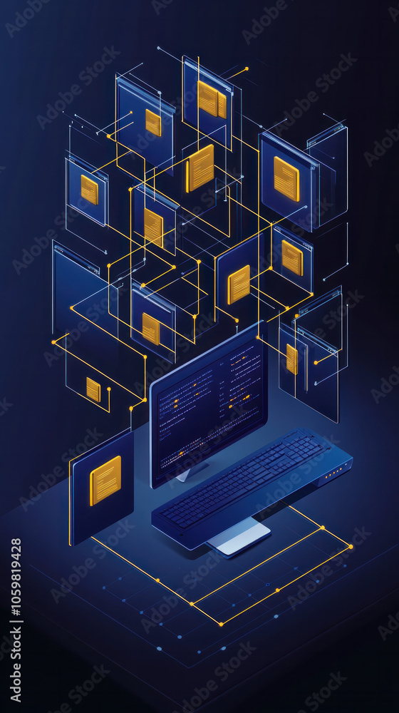 Poster a computer monitor with a keyboard is shown in a blue and yellow color scheme. the monitor is surrou