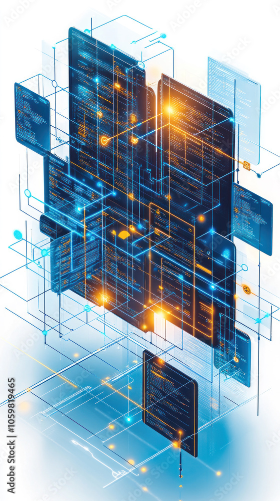 Poster a computer screen with many different colored squares and lines. the squares and lines are all conne
