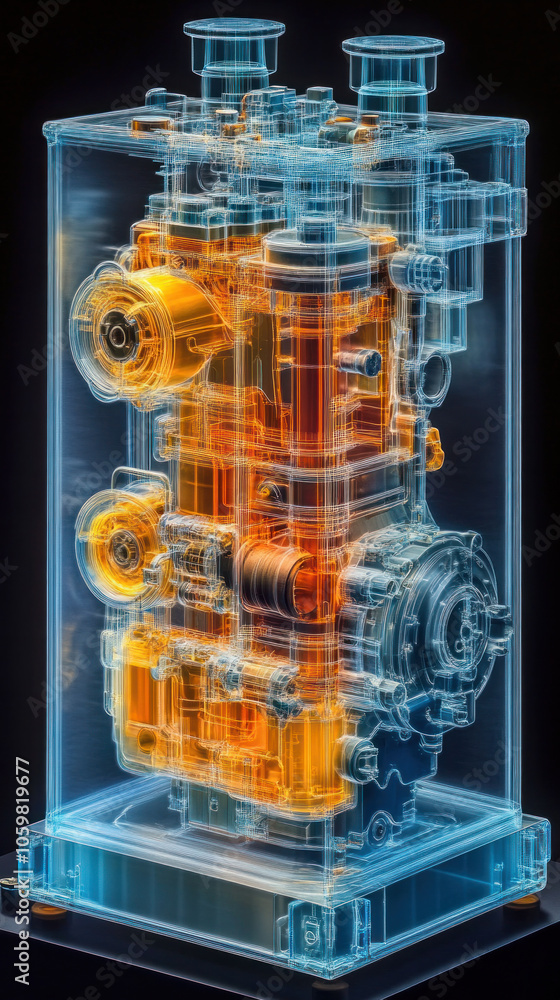 Poster a model of a machine is shown in a clear container. the machine is made up of many parts, including 