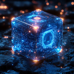 A glowing, blue-and-orange cube, like a futuristic technological object, sits on dark rocks.

