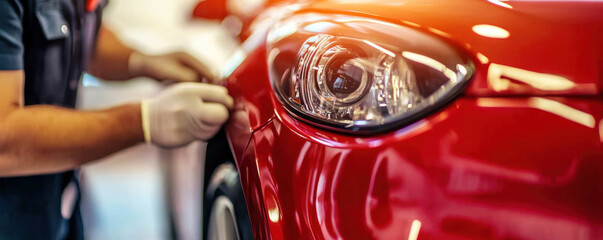 A man is working on a red car, polishing its headlights. Concept of care and attention to detail, as the man is taking the time to ensure the car's headlights are in top condition