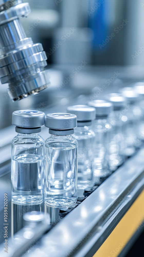 Poster a line of clear bottles are being filled with a liquid. the bottles are lined up on a conveyor belt 